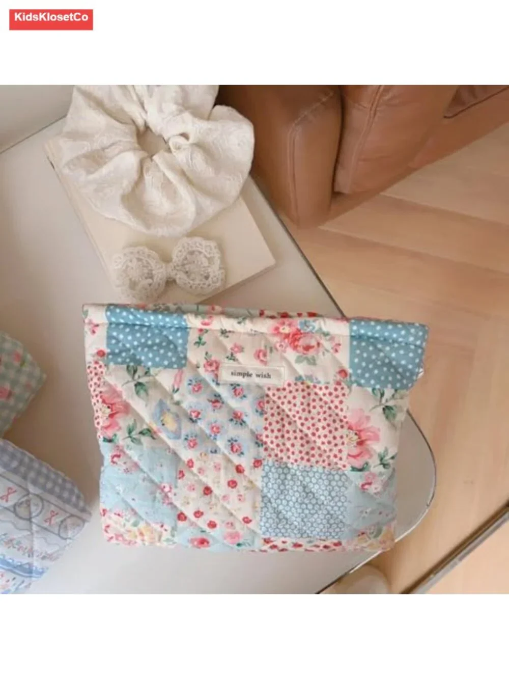 Quilted Floral Cotton Makeup Pouch Cosmetic Bag Travel Organizer